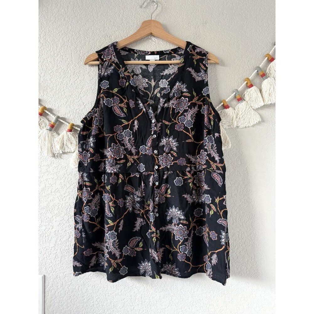 J. Jill Floral Paisley Button Down Sleeveless Rayon Top Boho Peasant Black LP